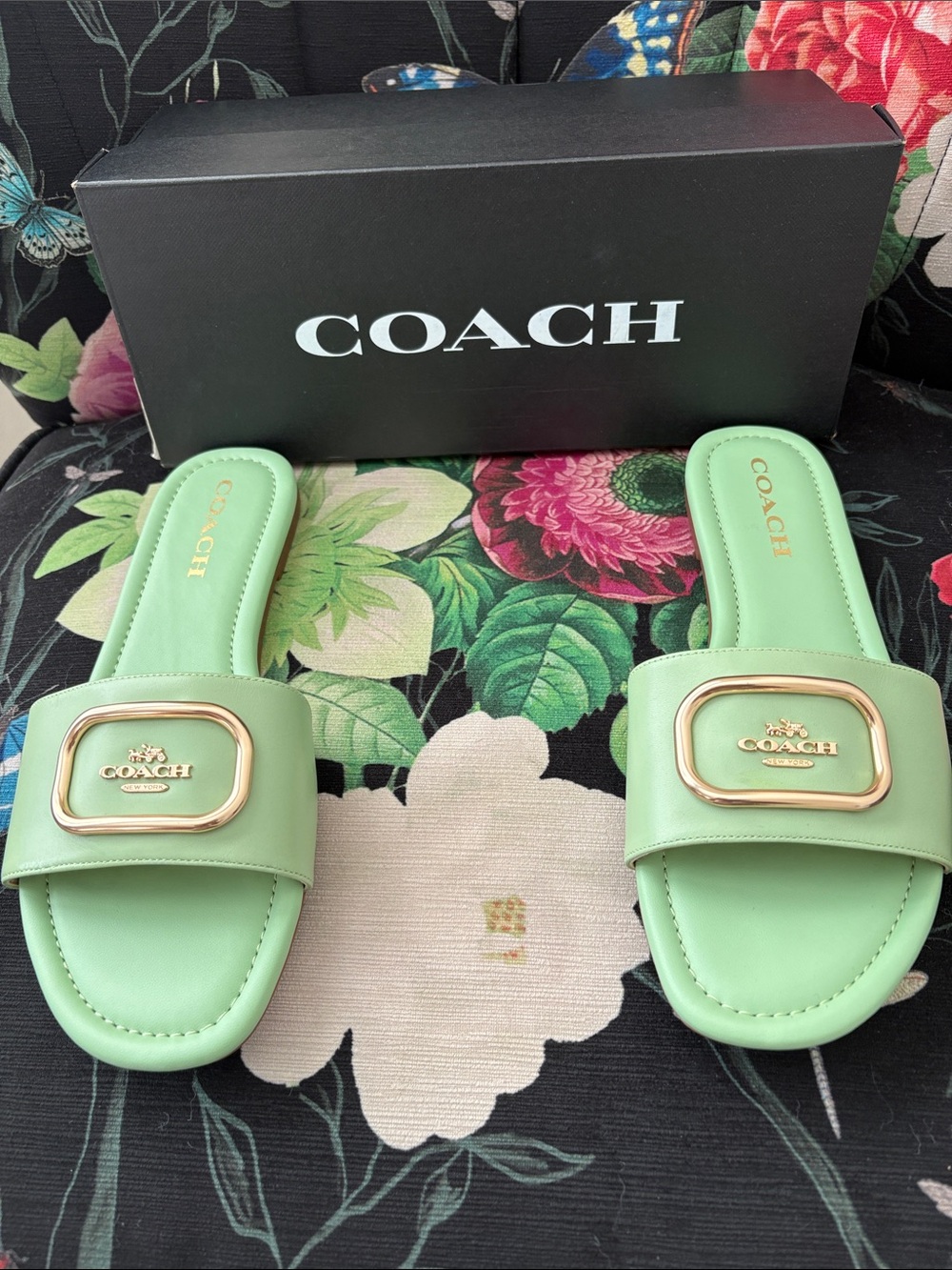 Coach Mint Green Slide Sandals with Gold Plaque